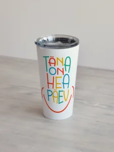 480 ml valge termoskruus värvilise tekstiga täna on hea päev
