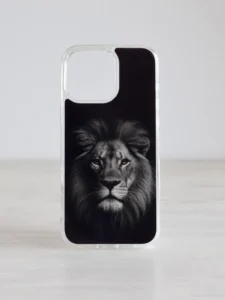 iPhone ümbris mustvalge lõviga mustal taustal