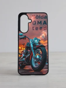 Samsung Galaxy telefonikaas, oma pilt ja tekst, näidispilt mootorrattaga