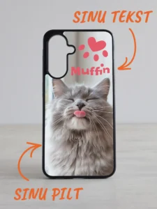 Samsung Galaxy telefoni kaane kassiga näidispilt, võimalus lisada oma foto ja tekst