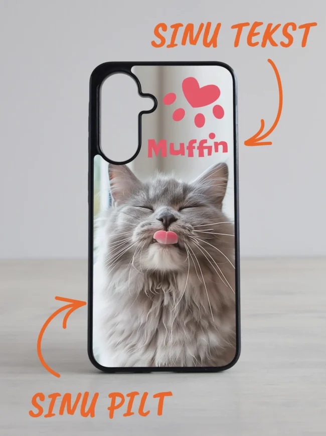 Samsung Galaxy telefoni kaane kassiga näidispilt, võimalus lisada oma foto ja tekst