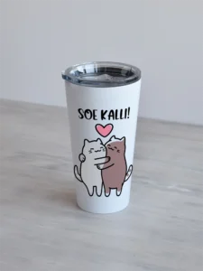 Valge 480ml termostass "Soe kalli " kahe kallistava kassi pildiga