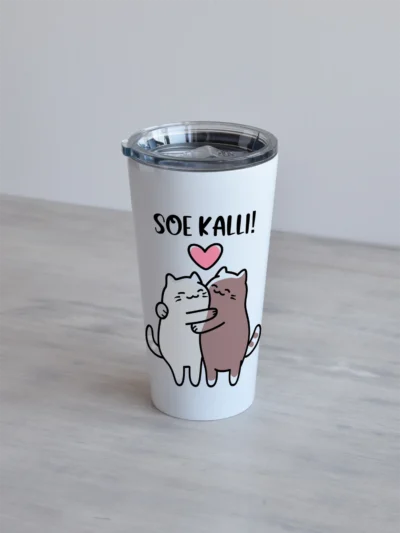Valge 480ml termostass "Soe kalli " kahe kallistava kassi pildiga