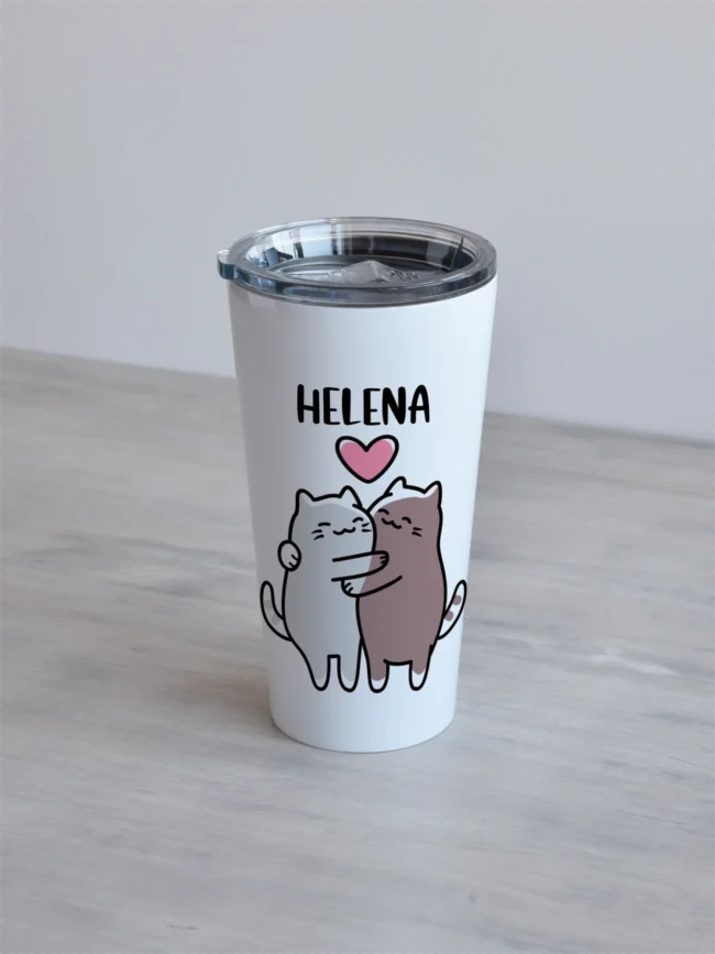 Valge 480ml termostass "Soe kalli " kahe kallistava kassi pildiga