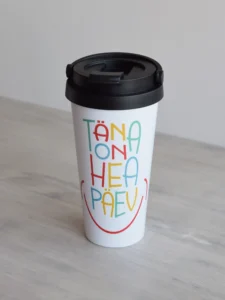 500 ml valge termoskruus värvilise tekstiga täna on hea päeav