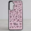 Samsung Galaxy telefonikaas "Armas Leopard" roosade südametega, personaliseeritav oma nimega, pehmed roosad toonid tumehalliga