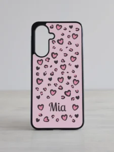 Samsung Galaxy telefonikaas "Armas Leopard" roosade südametega, personaliseeritav oma nimega, pehmed roosad toonid tumehalliga