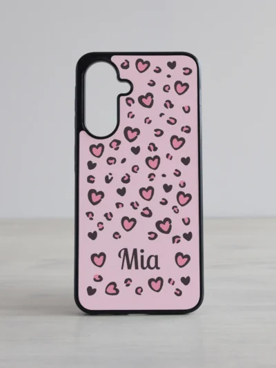 Samsung Galaxy telefonikaas "Armas Leopard" roosade südametega, personaliseeritav oma nimega, pehmed roosad toonid tumehalliga