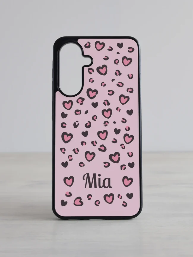 Samsung Galaxy telefonikaas "Armas Leopard" roosade südametega, personaliseeritav oma nimega, pehmed roosad toonid tumehalliga