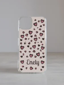 iPhone telefonikaas "Armas Leopard" roosade südametega, personaliseeritav oma nimega, nude ja roosade toonidega