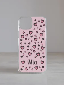 iPhone telefonikaas "Armas Leopard" roosade südametega, personaliseeritav oma nimega, pehmed roosad toonid tumehalliga