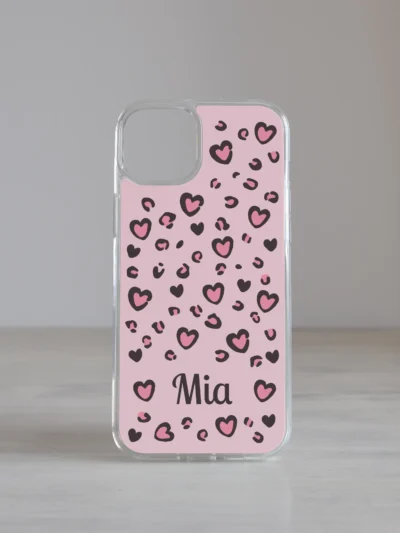 iPhone telefonikaas "Armas Leopard" roosade südametega, personaliseeritav oma nimega, pehmed roosad toonid tumehalliga