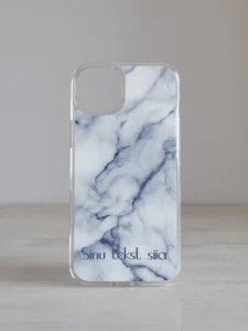 Valge-sinine marmormustriga iPhone kaas kohandatava nime või tekstiga