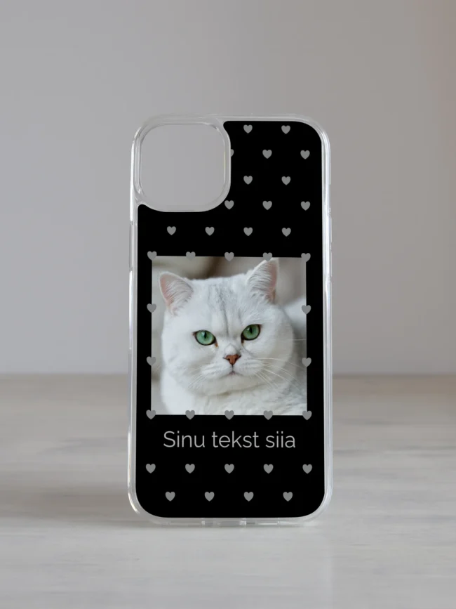 Must südamepolkaga iPhone kaas nime ja pildiga