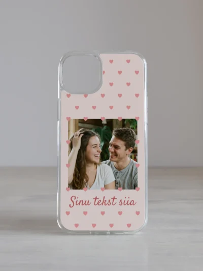 Roosa südamepolkaga iPhone kaas nime ja pildiga