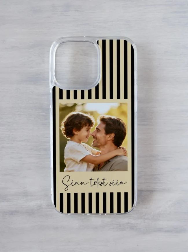 Mustade triipudega iPhone kaas kohandatava tekstiga ja oma pildiga