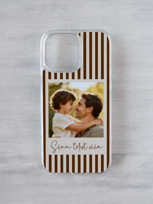 Pruunude triipudega iPhone kaas kohandatava tekstiga ja oma pildiga