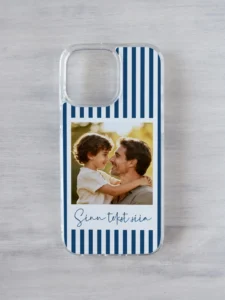 Siniste triipudega iPhone kaas kohandatava tekstiga ja oma pildiga