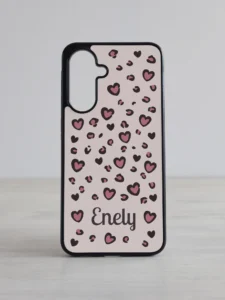 Samsung Galaxy telefonikaas "Armas Leopard" roosade südametega, personaliseeritav oma nimega, nude ja roosade toonidega