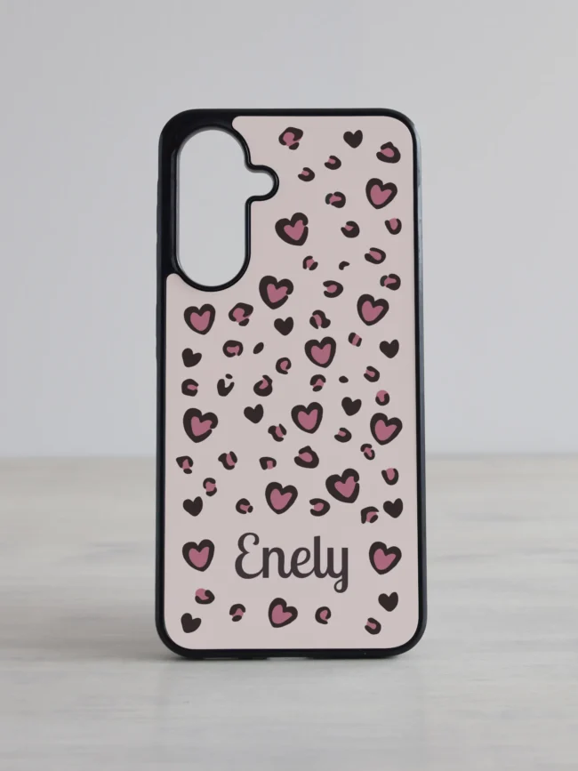 Samsung Galaxy telefonikaas "Armas Leopard" roosade südametega, personaliseeritav oma nimega, nude ja roosade toonidega