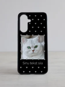 Must südamepolkaga Samsung Galaxy kaas nime ja pildiga