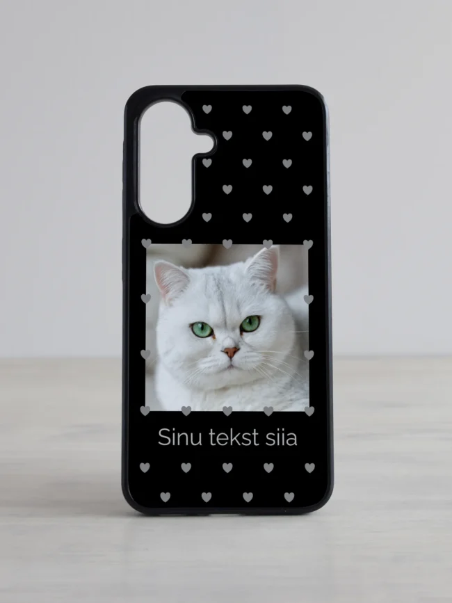 Must südamepolkaga Samsung Galaxy kaas nime ja pildiga