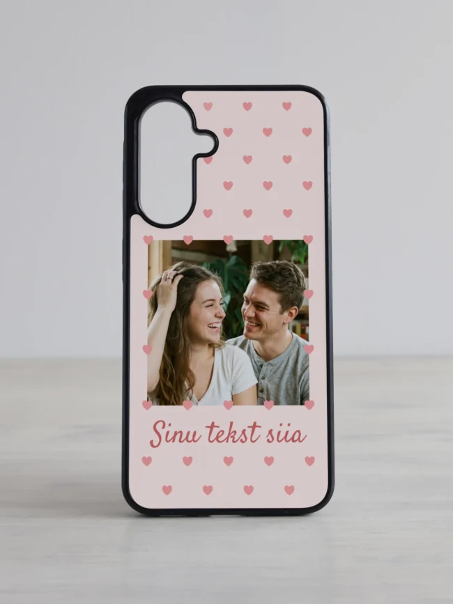 Roosa südamepolkaga Samsung Galaxy kaas nime ja pildiga