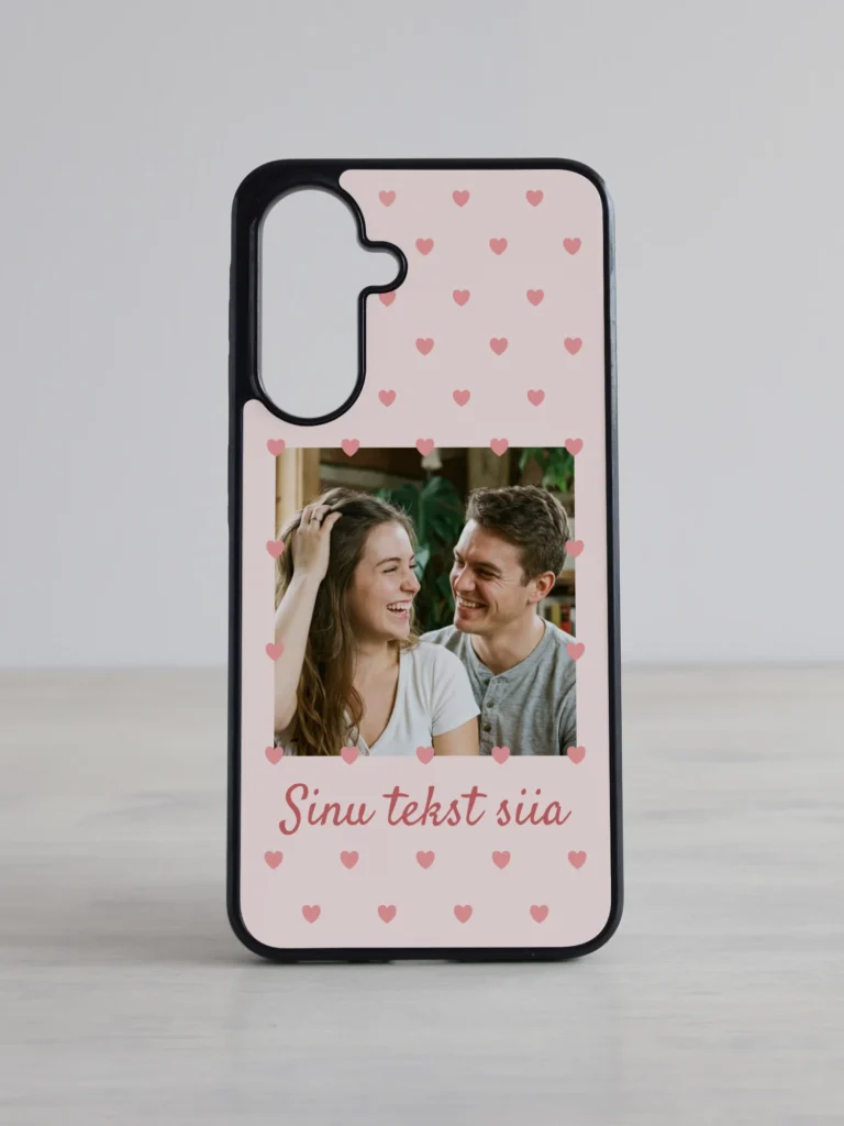 Roosa südamepolkaga Samsung Galaxy kaas nime ja pildiga personaliseeritud