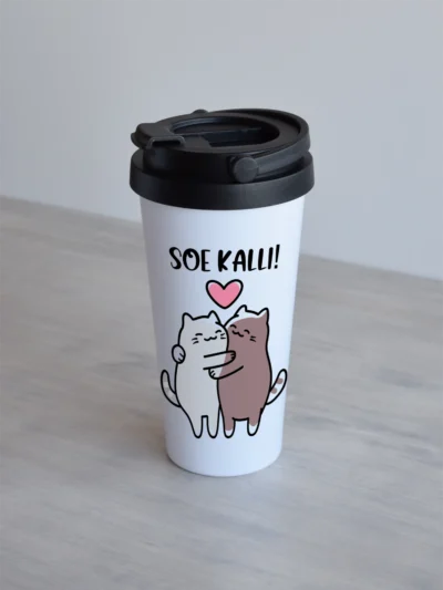 Valge 500ml termoskruus "Soe kalli " kahe kallistava kassi pildiga