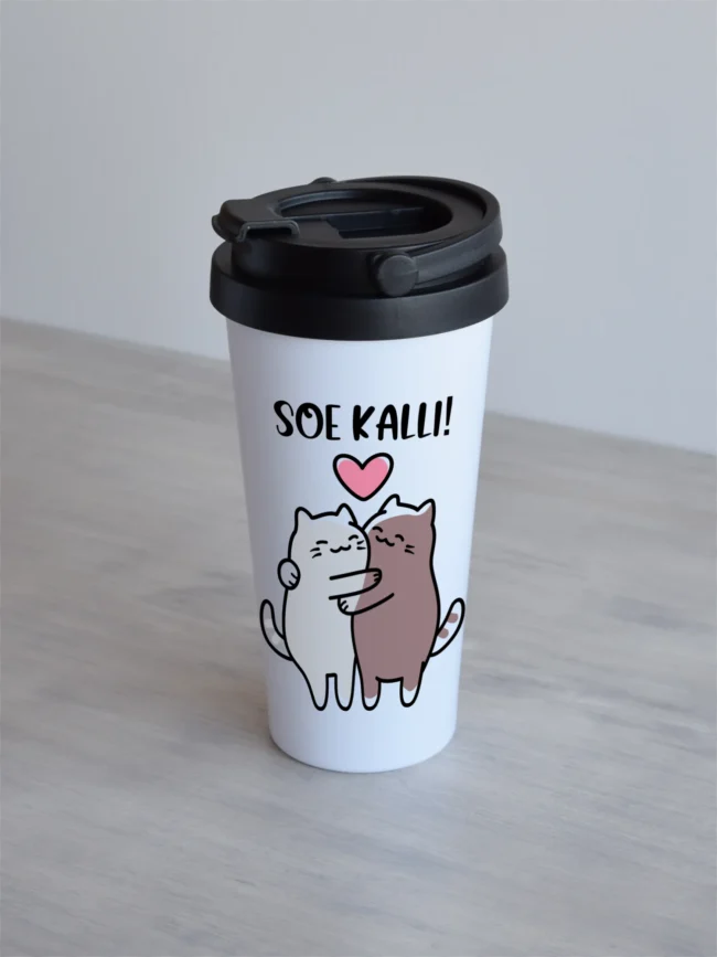 Valge 500ml termoskruus "Soe kalli " kahe kallistava kassi pildiga