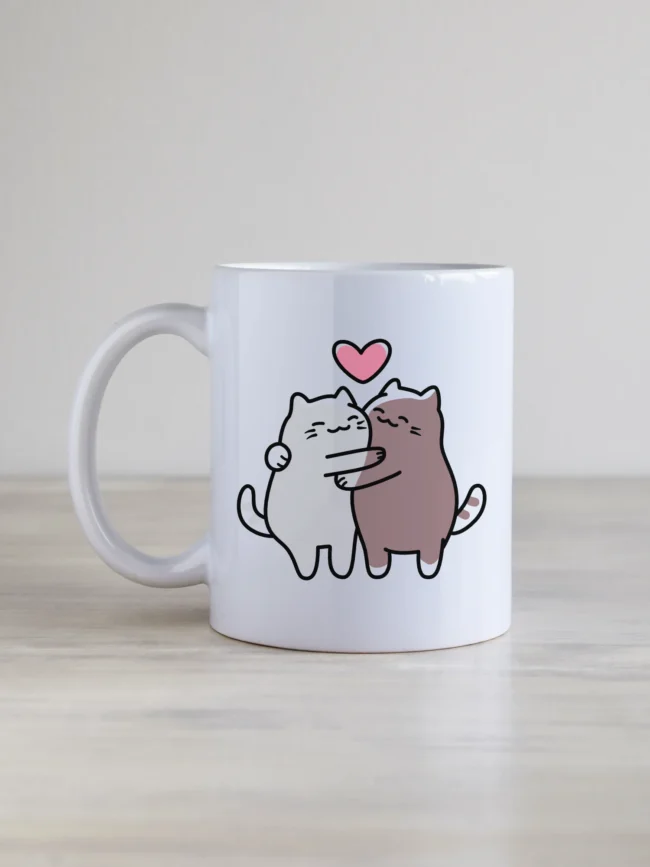 Valge 330ml klassikaline kruus kahe kallistava kassi pildiga.