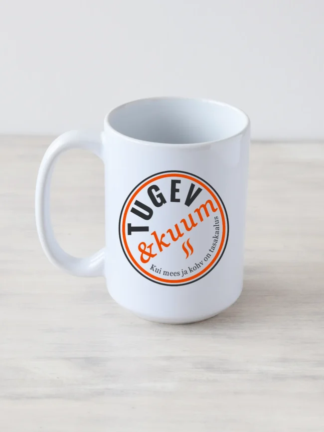 450ml valge kruus ümmarguse embleemiga "Tugev & kuum", oranž-tumehall.