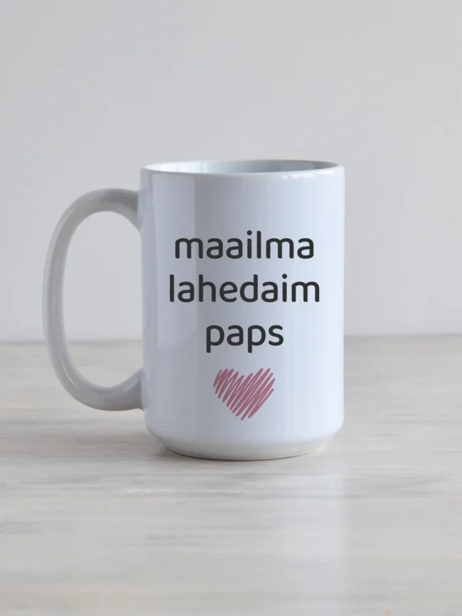 450ml valge keraamiline kruus oma tekstiga personaliseeritud.