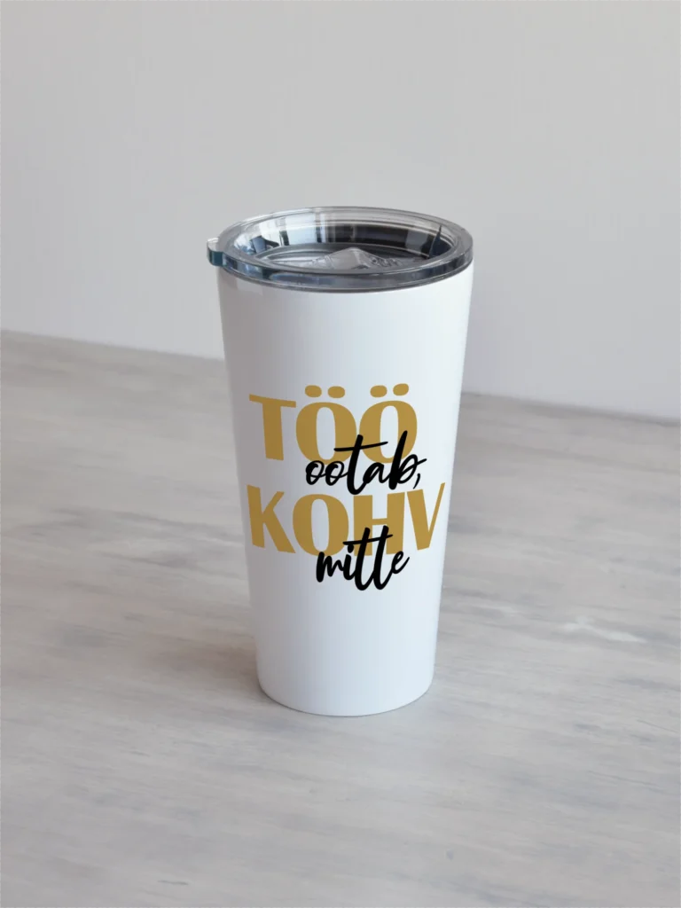Valge 480ml termostass, millel on tekstikujundus töö ootab, kohv mitte, beež-must.