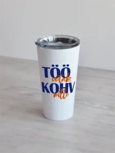 personaliseeritav termostass “kohv ei oota” Valge 480ml termostass, millel on tekstikujundus töö ootab, kohv mitte, sinine-oranz.