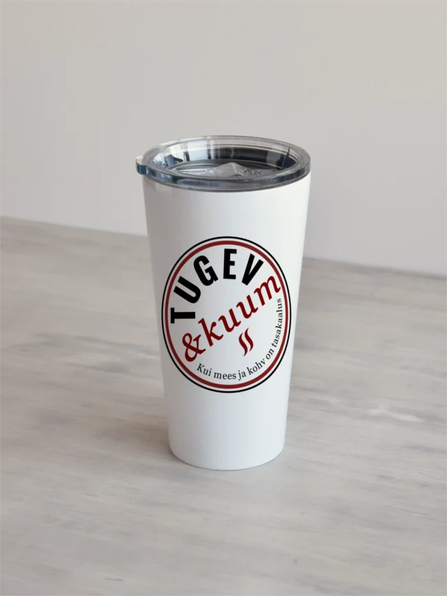 Personaliseeritav termostass “Tugev & kuum” Valge 480ml termostass, millel on ümmargune embleem kirjaga "Tugev & kuum", tumepunane-must, minimalistlik disain.
