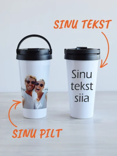 500ml valge termoskruus, musta keeratava sangaga kaanega, oma pildi ja tekstiga personaliseeritav.