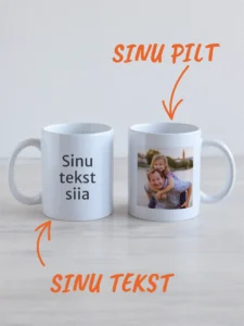 personaalne kruus – foto, tekst või mõlemad Kaks valget kruusi, personaliseeritavad oma pildiga ja oma tekstiga.