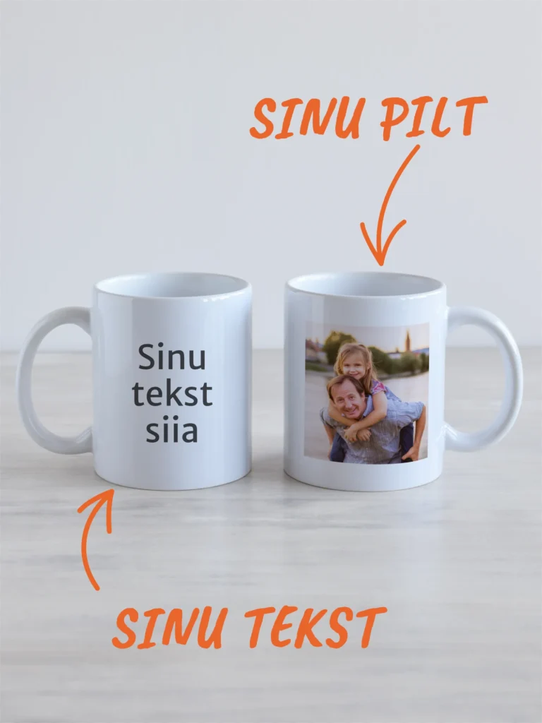 Kaks valget kruusi, personaliseeritavad oma pildiga ja oma tekstiga.