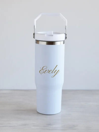 Esileht Valge matt kõrre ja sangaga joogipudel, 900ml, nimega personaliseeritud, kuldne