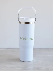 Valge matt kõrre ja sangaga joogipudel, 900ml, nimega personaliseeritud, salveiroheline