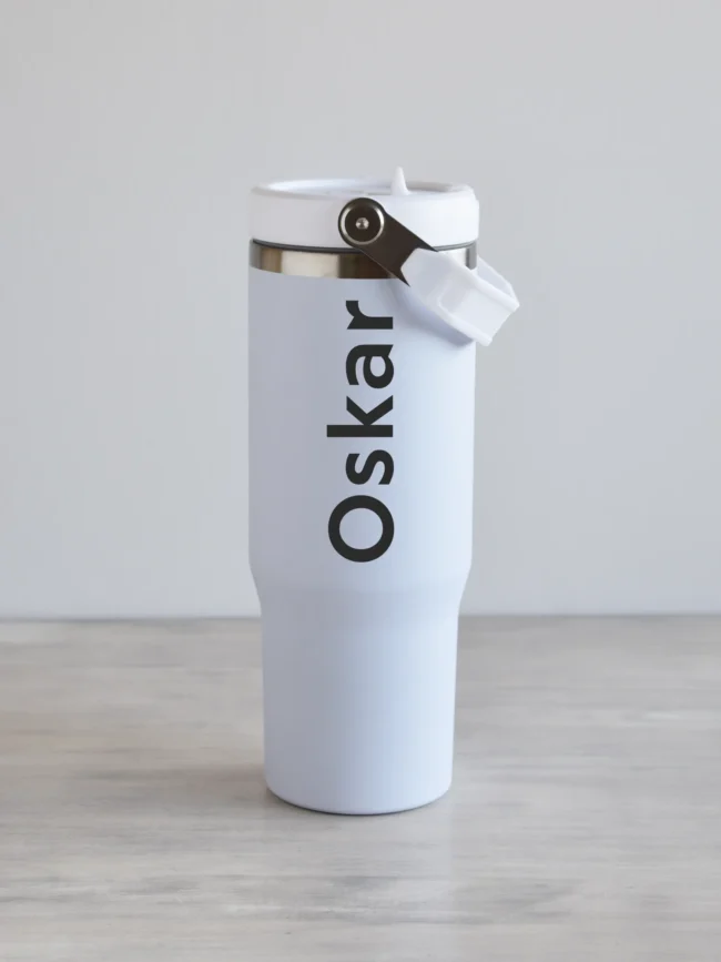 Valge matt kõrre ja sangaga joogipudel, 900ml, nimega personaliseeritud, tumehall