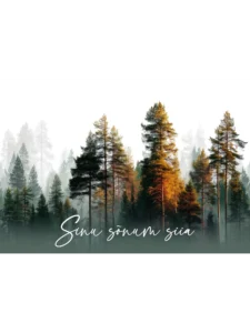 Foto hommikusest metsast, puud, udu ja soe päikesevalgus ning personaliseeritav tekst.