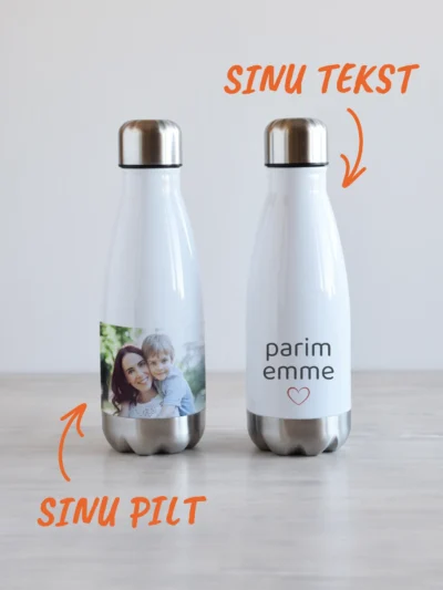 Esileht Valge 350 ml personaliseeritav joogipudel, lisa oma foto või tekst.