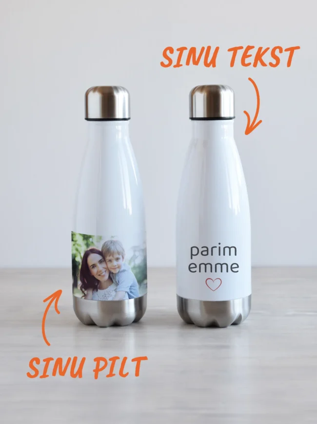 Valge 350 ml personaliseeritav joogipudel, lisa oma foto või tekst.