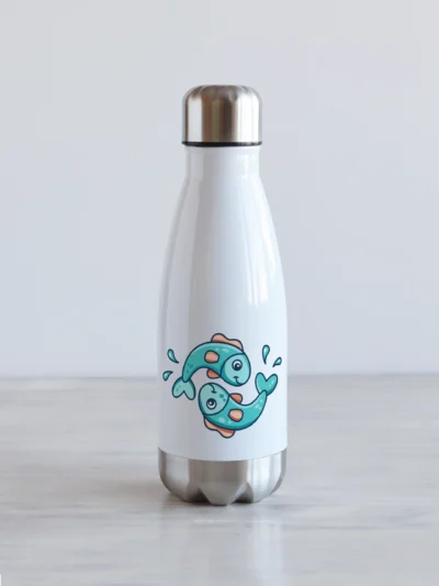 350 ml valge joogipudel kalade sodiaagimärgi illustratsiooniga, kaks kalkest.