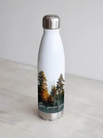 Esileht Valge joogipudel hommikuse metsa pildi ja kohandatava tekstiga.