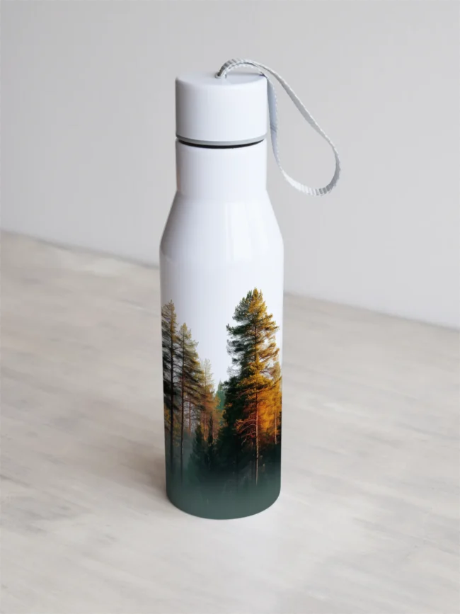 Valge joogipudel hommikuse metsa pildiga.