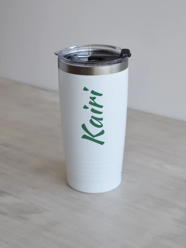 600 ml valge ringneck termoskruus, nimeline - julge, roheline, vertikaalne paigutus