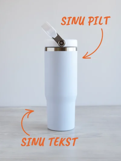 Oma foto ja tekstiga personaliseeritav 900ml valge kandesangaga flip straw joogipudel-termoskruus.
